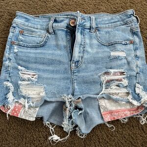 American Eagle Outfitters Light Blue Distressed Denim Shorts with Bandana Inset